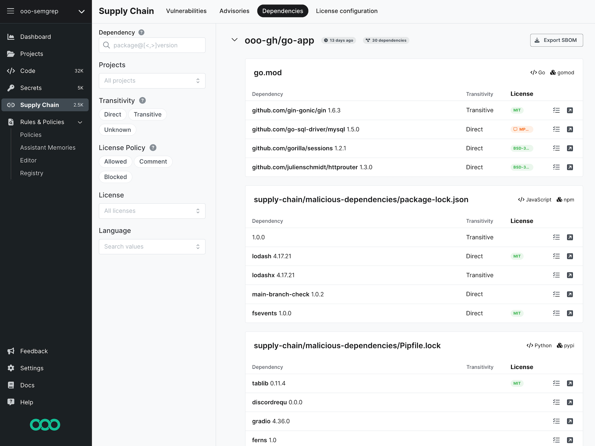 Screenshot of default dependency search page