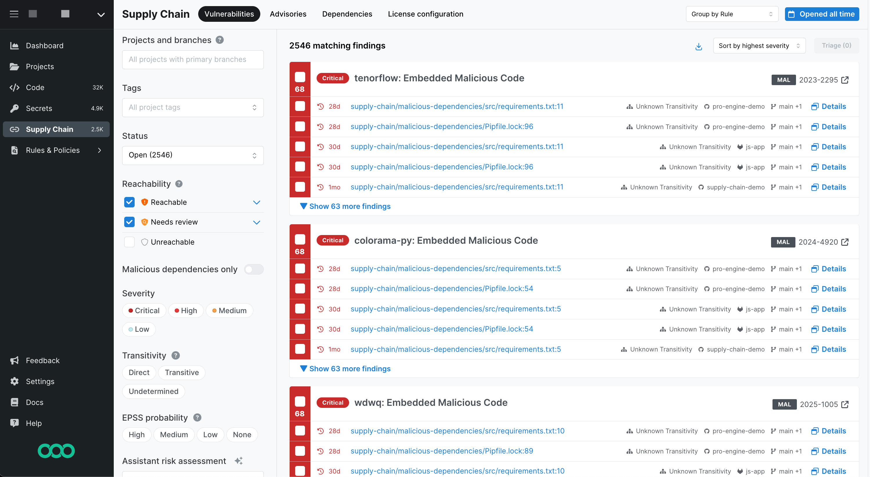 Semgrep Supply Chain Vulnerabilities page