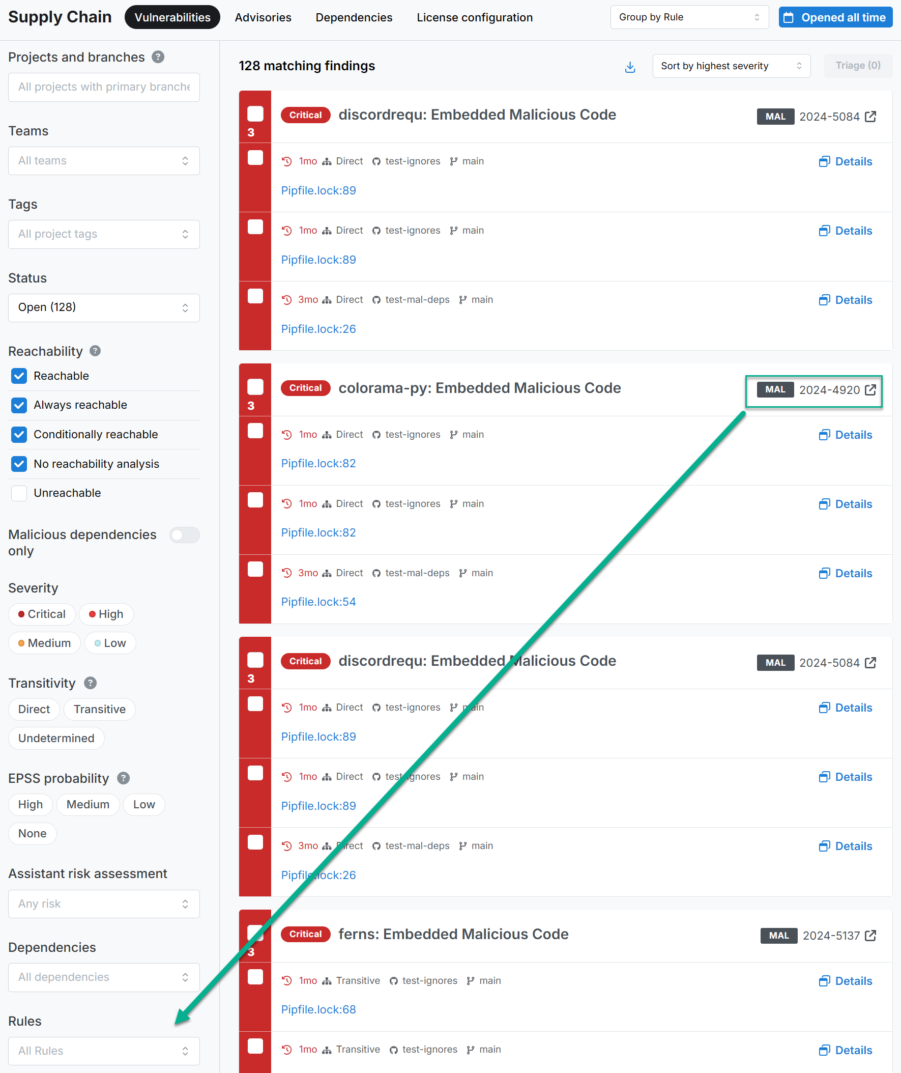 Rule ID and Rules filter placement.