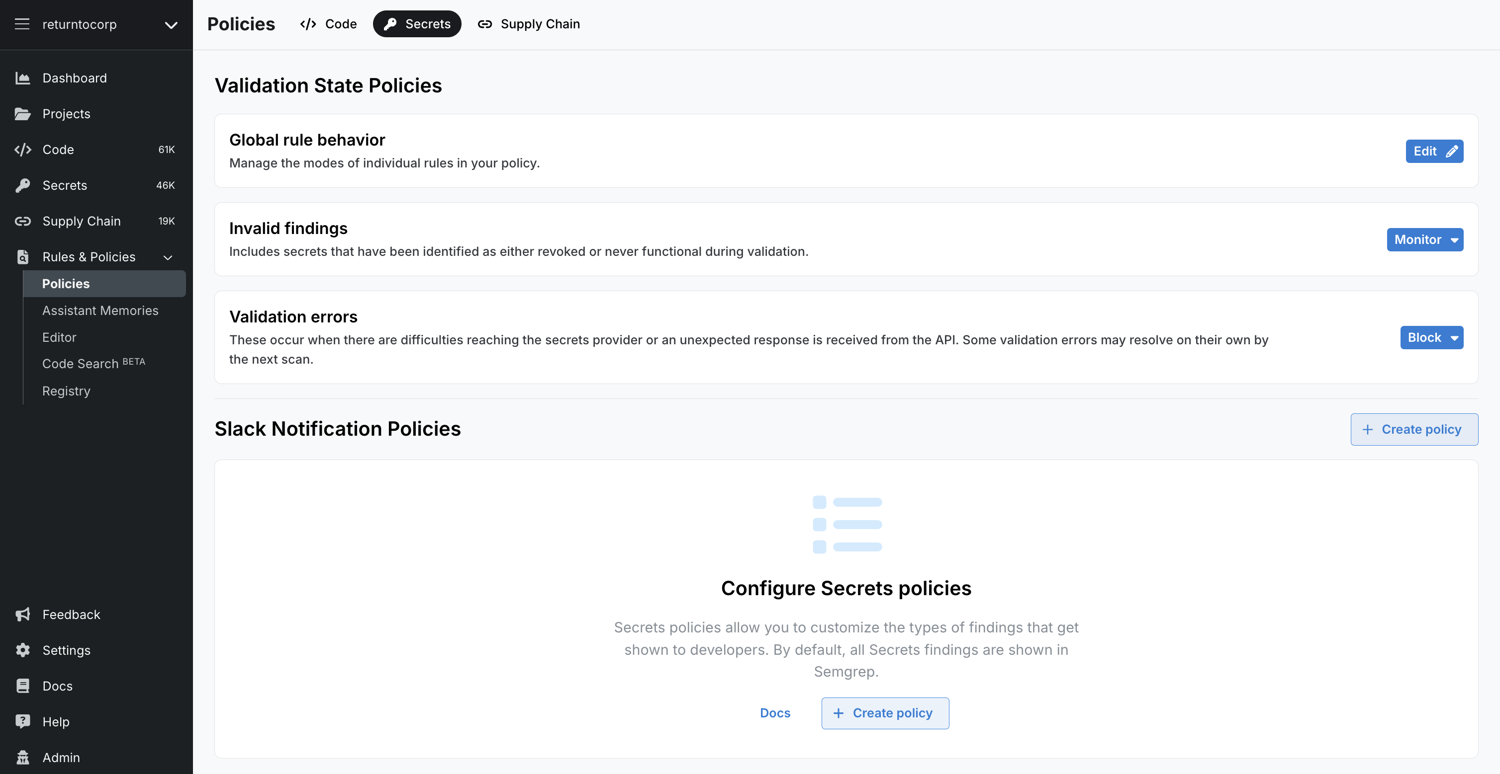 Overview of Semgrep Secrets policies view