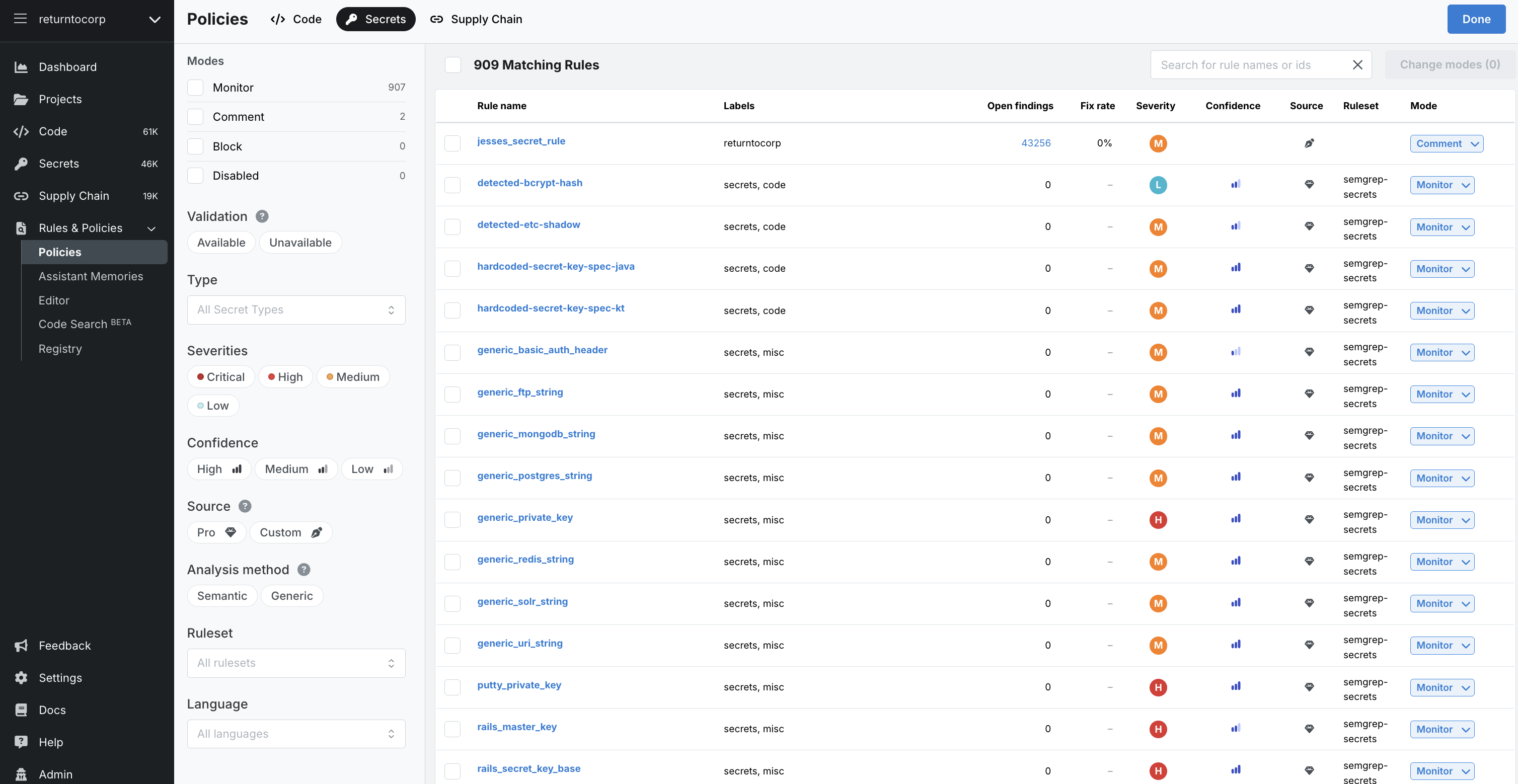 Overview of Semgrep Secrets policies view