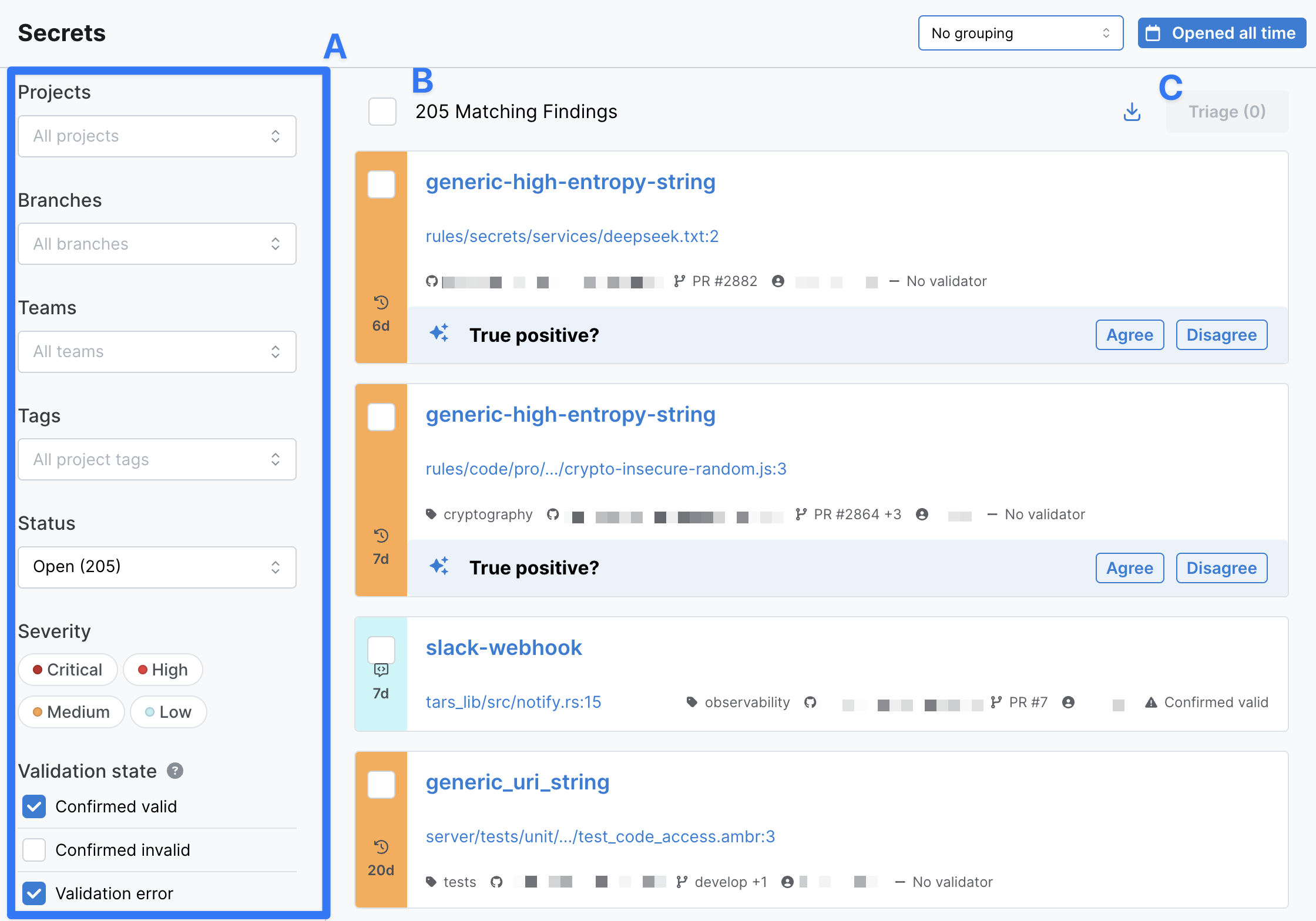 Secrets page and relevant triaging elements.