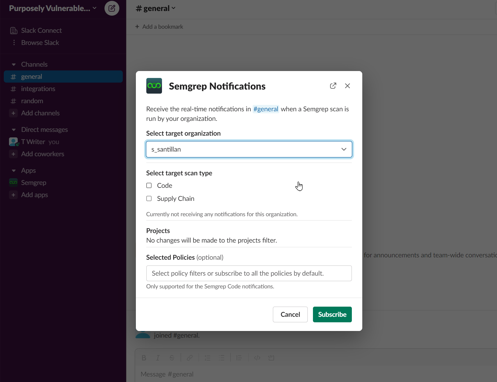 Semgrep Slack app dialog box for subscribing to notifications Semgrep Slack app dialog box for subscribing to notifications