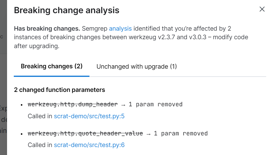 Drawer showing all lines of code that must be changed